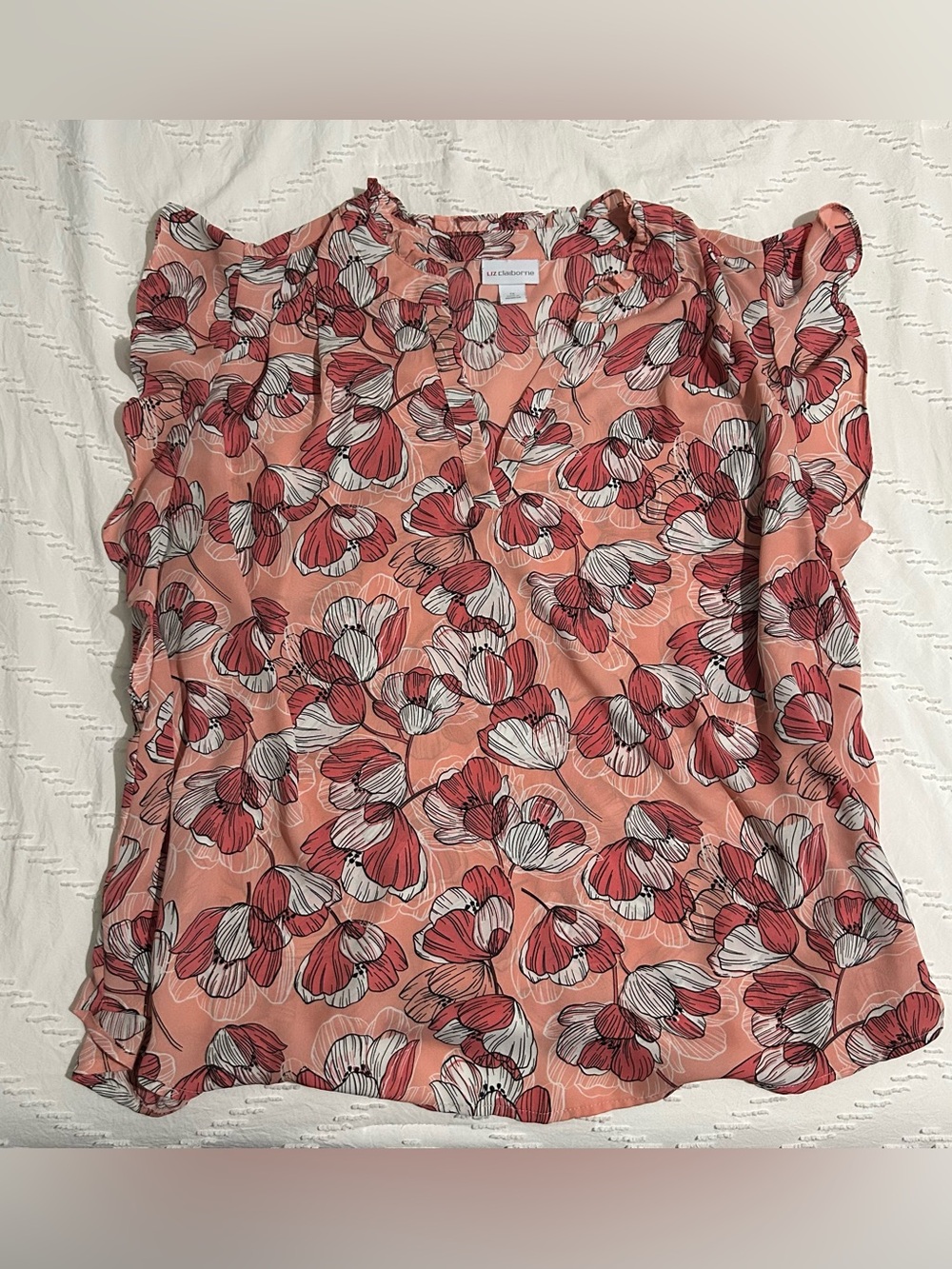 Liz Claiborne Women’s Flutter Sleeve Blouse Top Coral Pink Floral V-Neck Plus 1X
